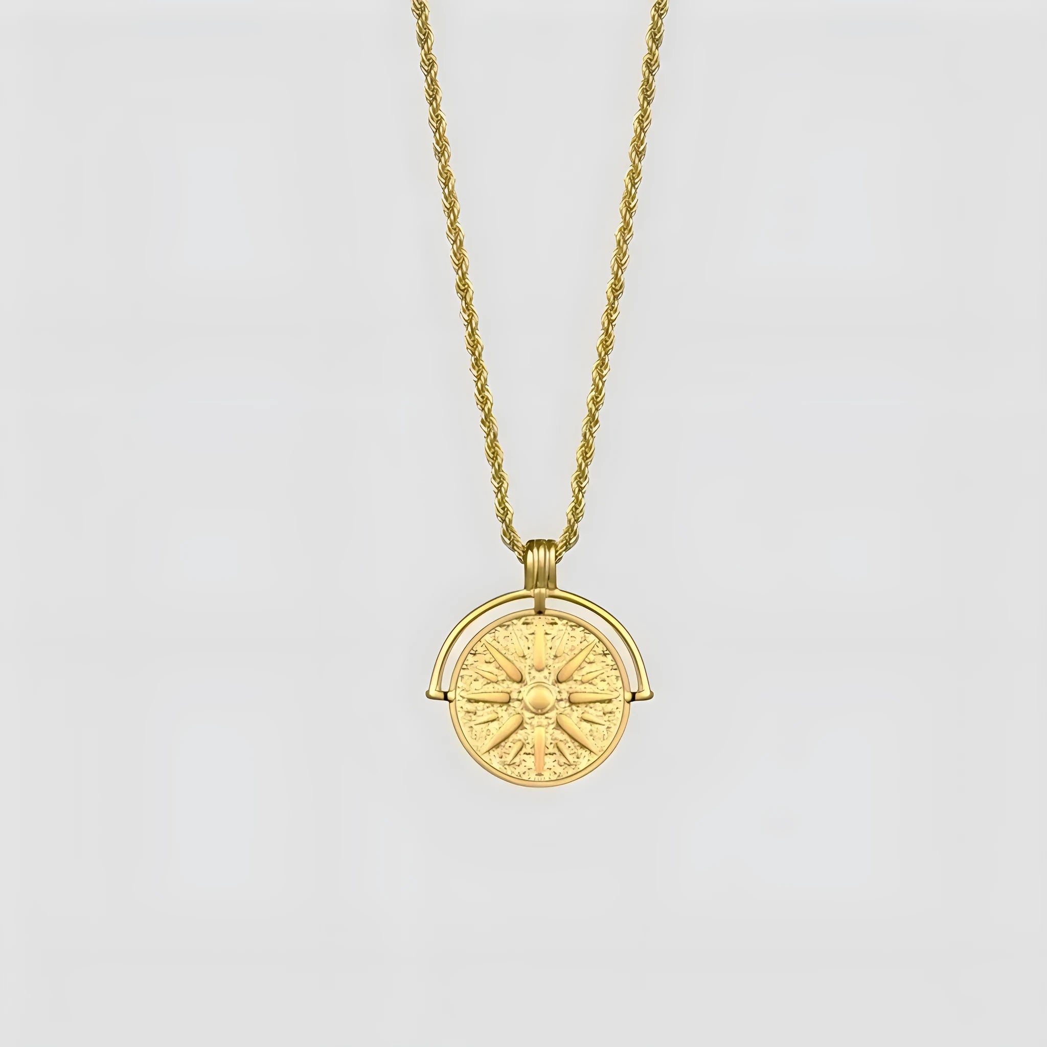 Geometric sunflower embossed pendant necklace on adjustable hemp flower chain