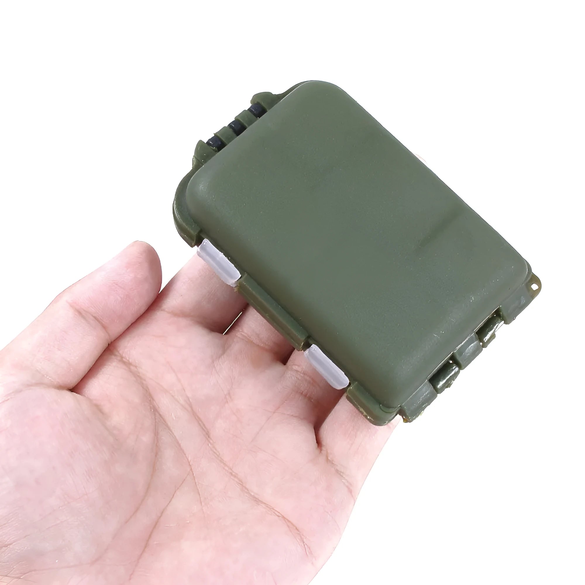 Green plastic fishing tackle storage box with 10 internal grid compartments for organisation