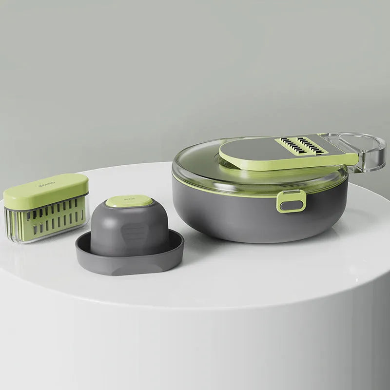 Grey and white multifunctional vegetable cutter set with eight stainless steel knives and accessories on a countertop.