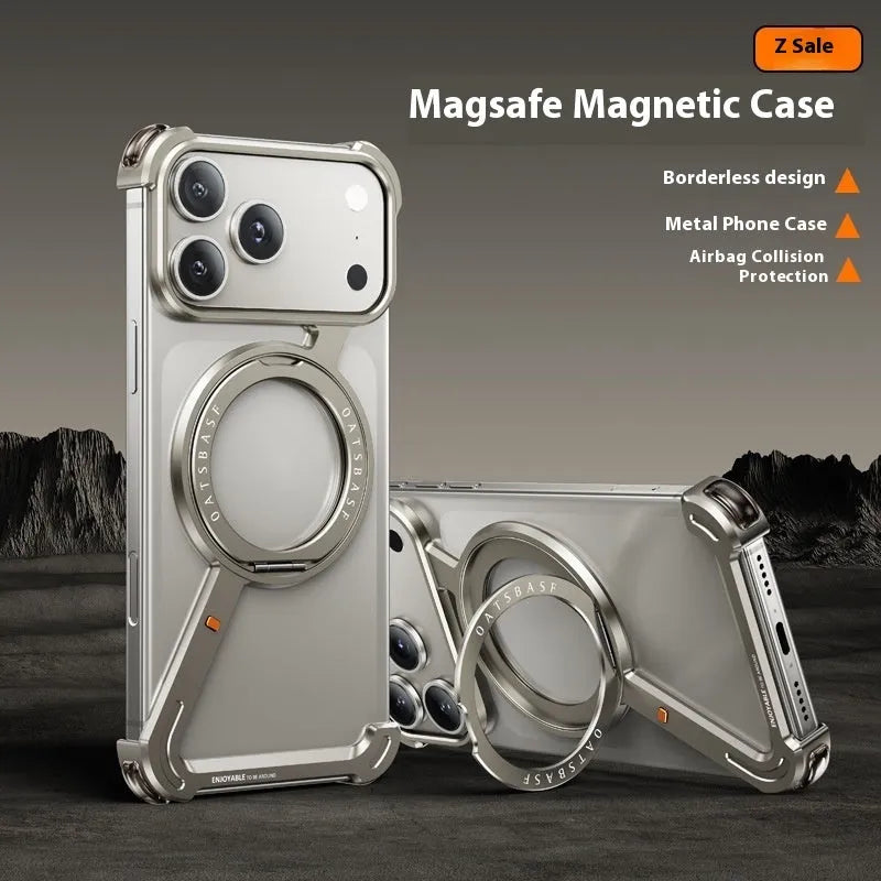 iPhone 17 Pro Max metal phone case with magnetic bracket in black colour showing business style design