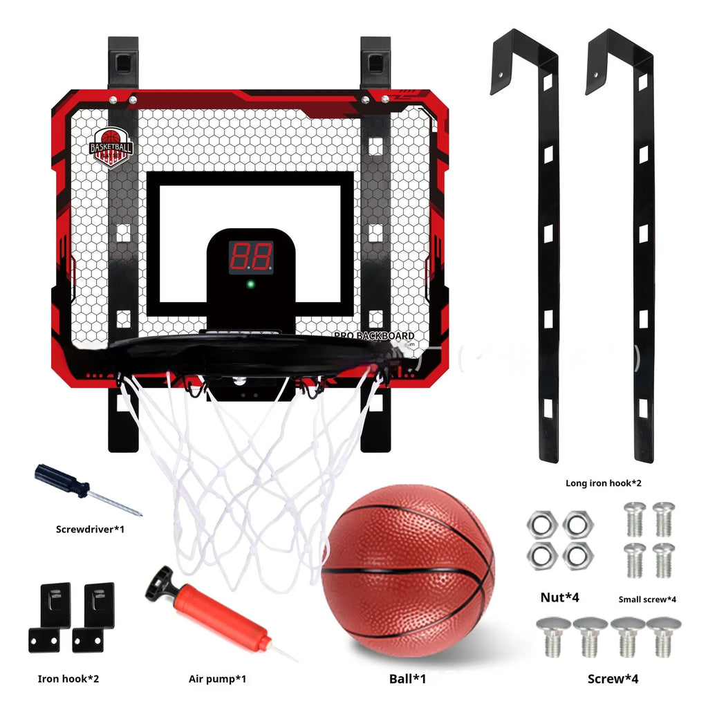 Red and blue folding basketball frame with scoring panels, suction cups, and iron hook