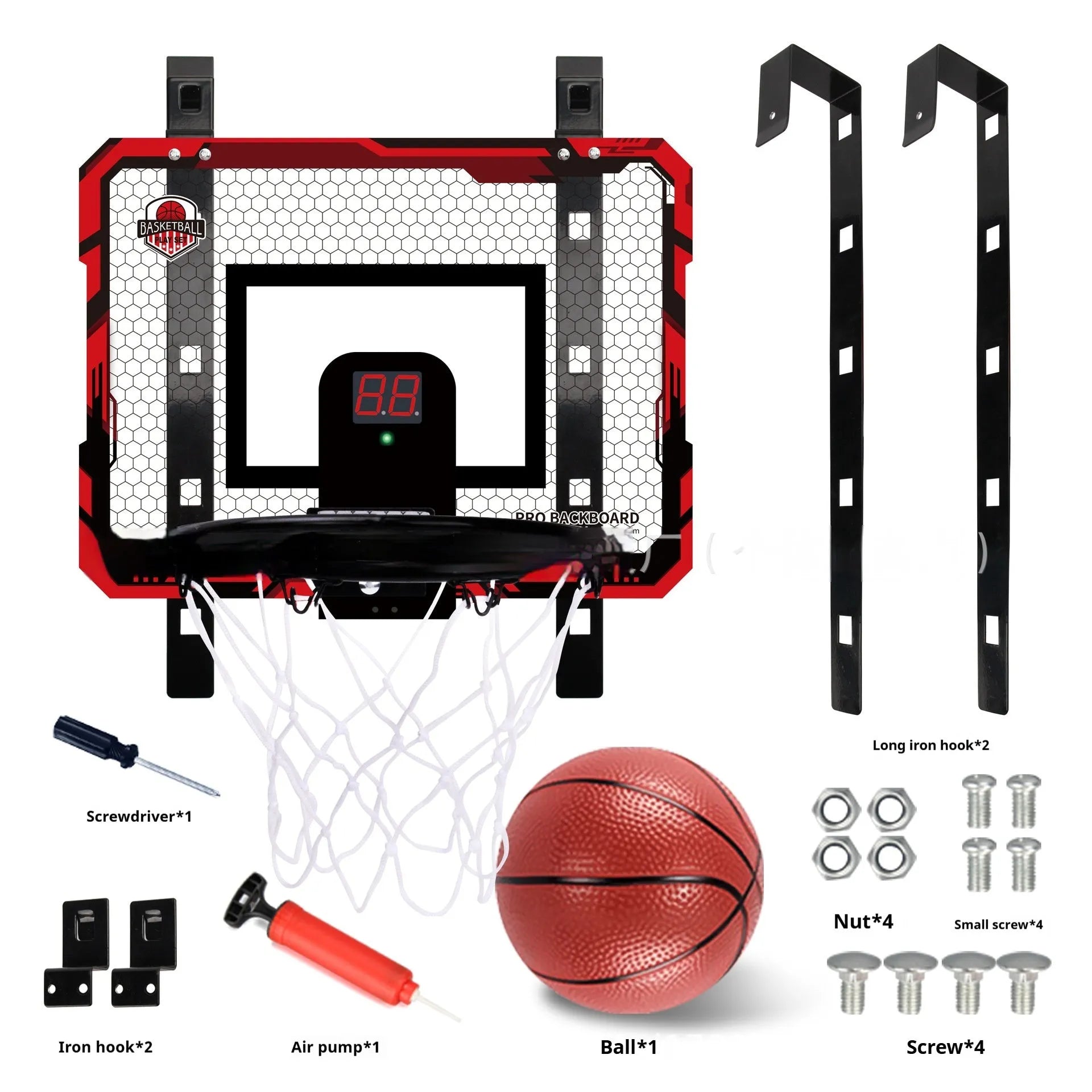 Red and blue folding basketball frame with scoring panels, suction cups, and iron hook