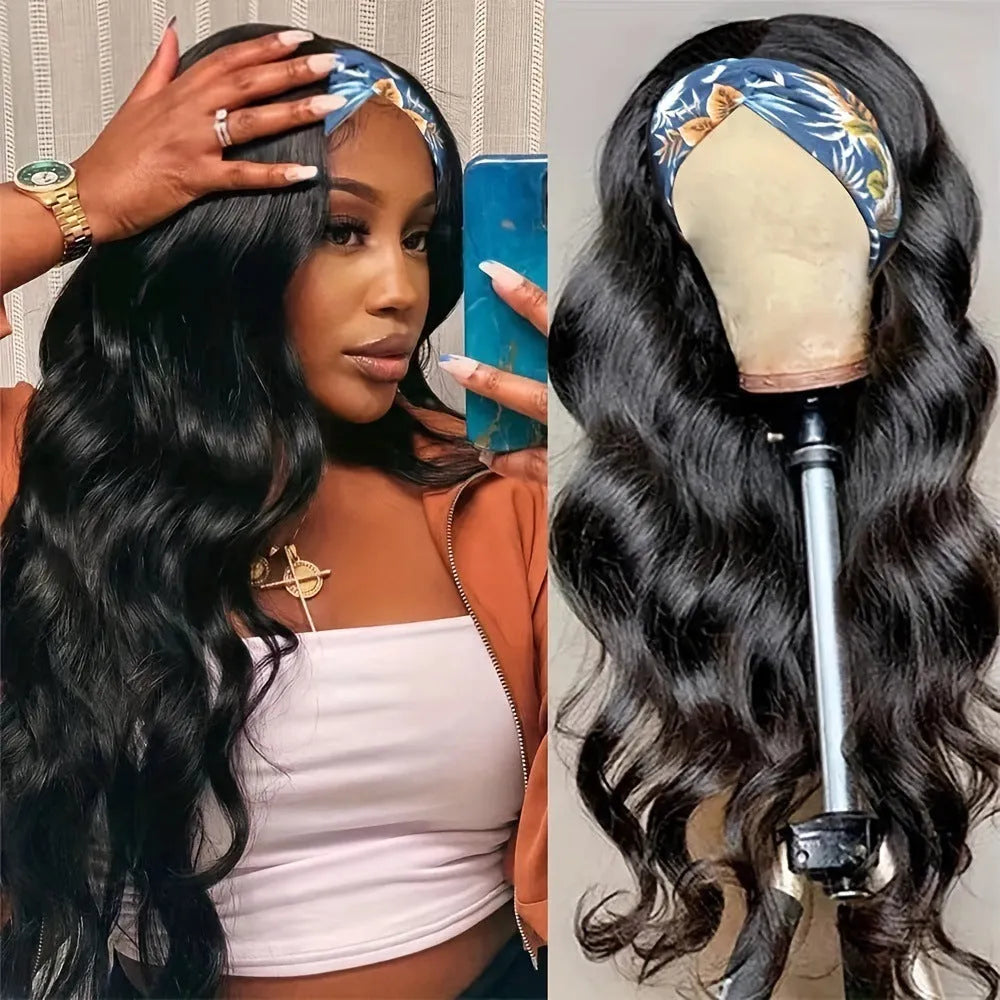 Headband wig with long straight or curly high temperature fibre hair in black or wine red colours