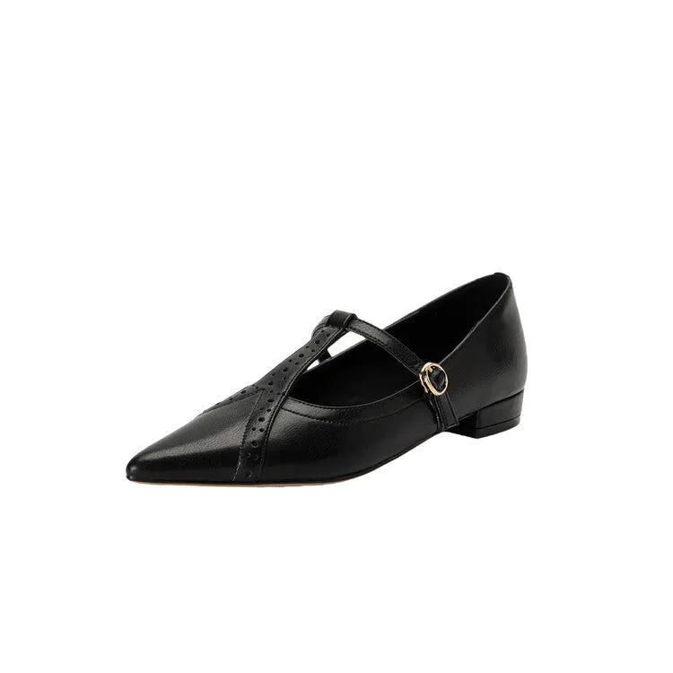 Brown women's pointed flat shoes with low-cut design and 3-5cm mid heel