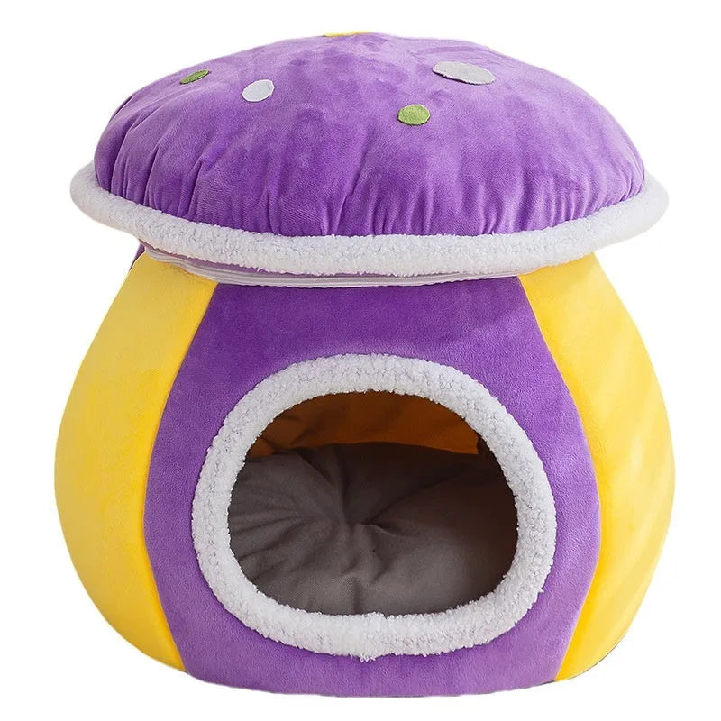 Grey plush mushroom-shaped cat nest with a detachable blanket, shown alongside pink and purple colour options.