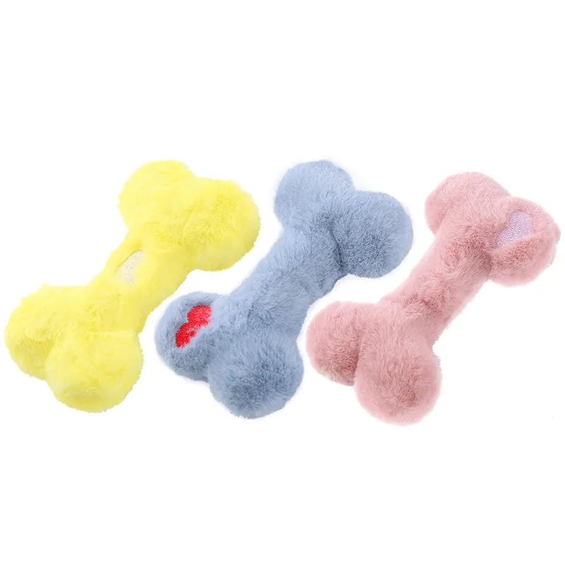 Blue plush bone-shaped dog toy with a vocal squeaker for interactive chew play