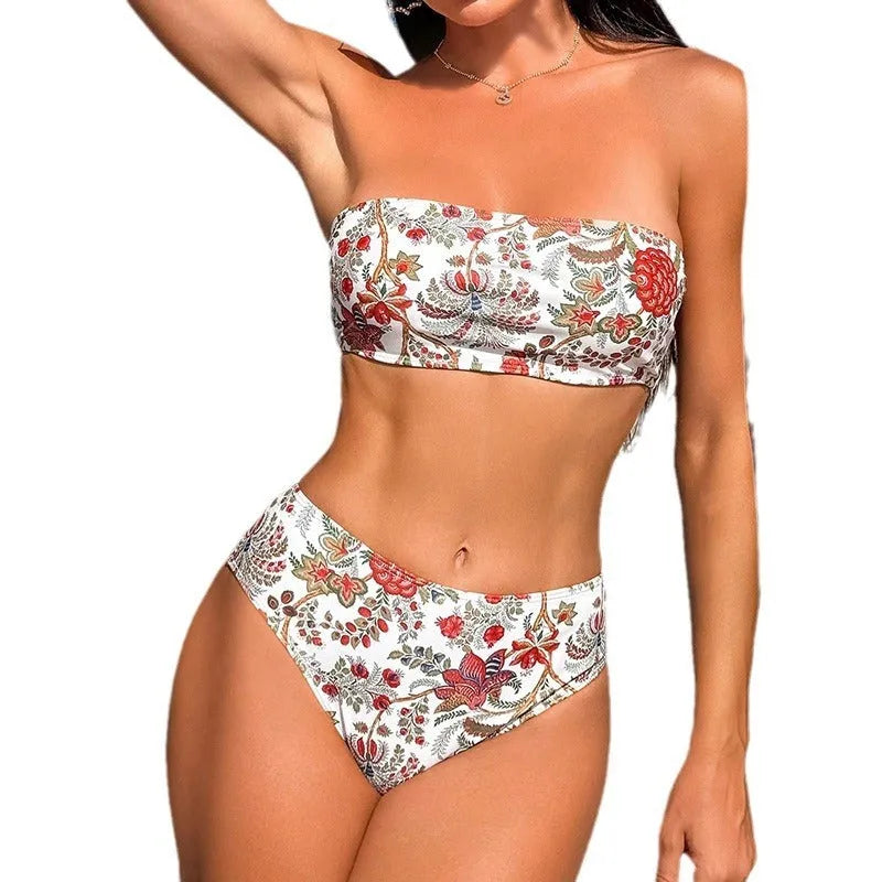 Women's printed bandeau swimsuit top with matching shorts on a neutral background.