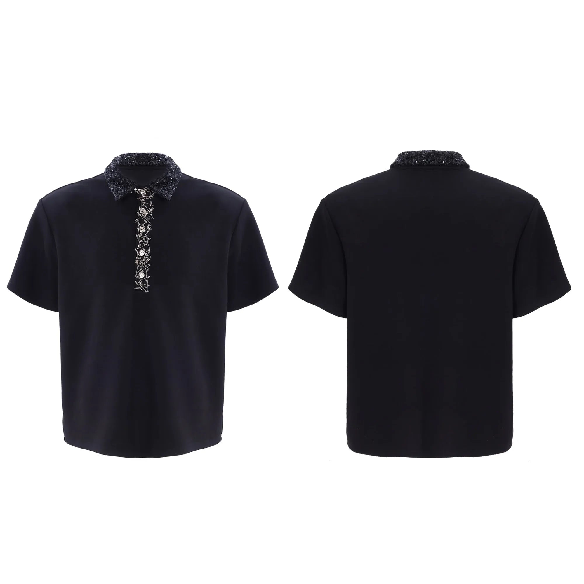 Men's black loose fit polo t-shirt with embroidery sequin detail and square collar