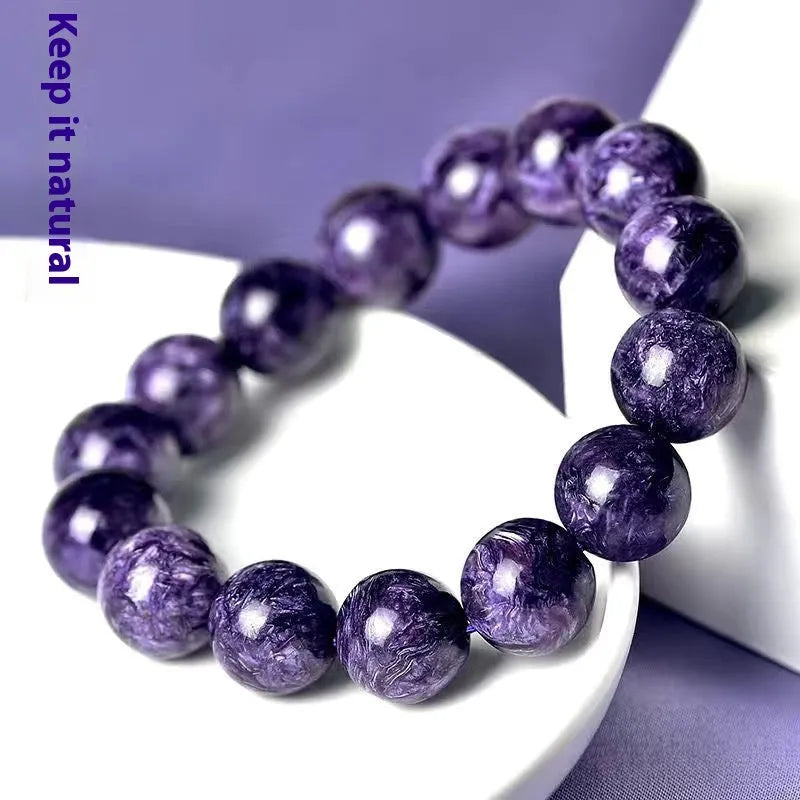 Natural crystal transparent charoite platinum beaded bracelet showing four bead size options