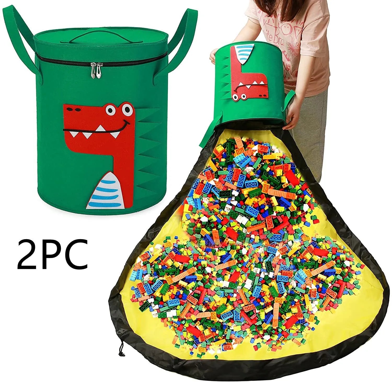 Green felt storage cube with pull rope unfolded as waterproof play mat for children's toys