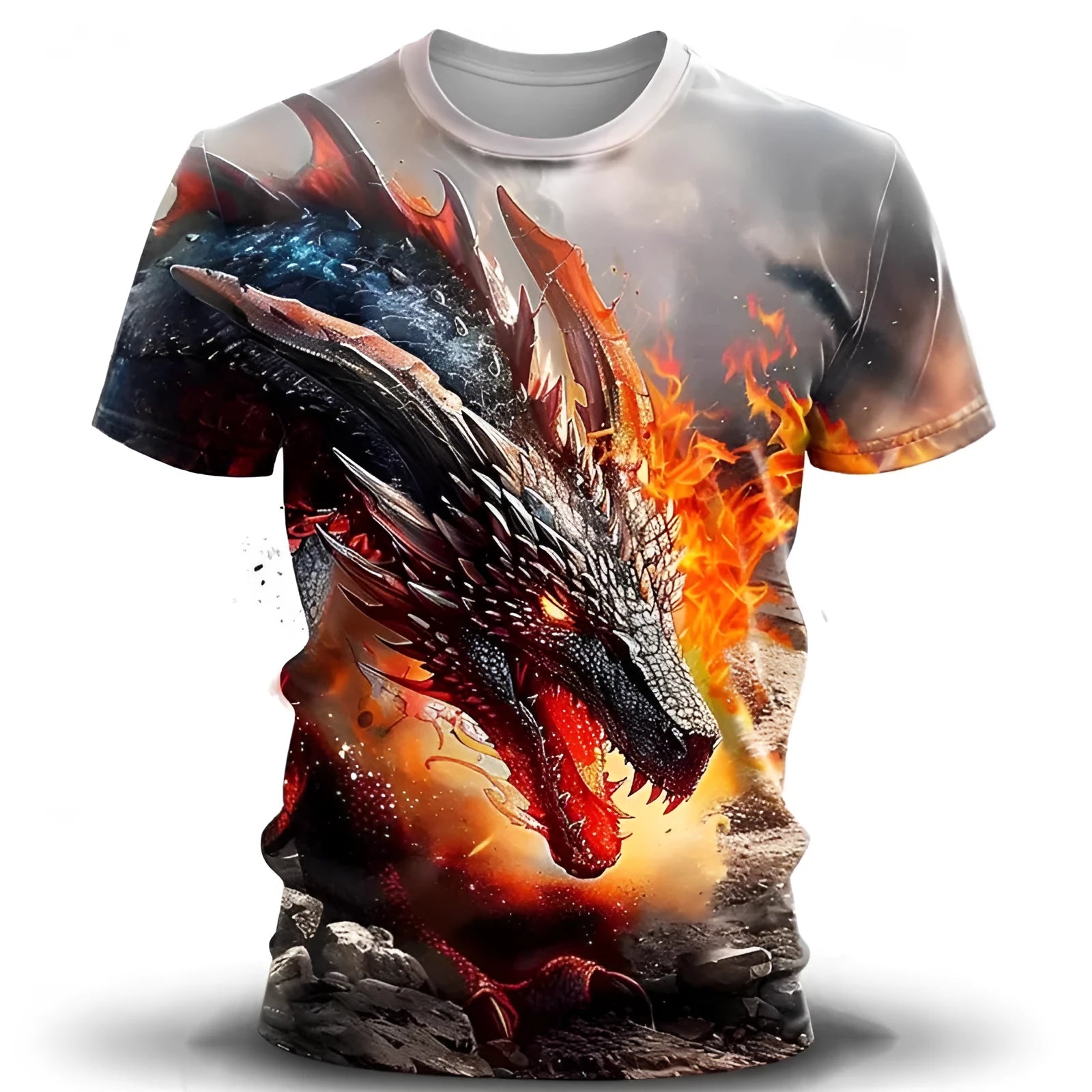Men's grey casual T-shirt featuring a large 3D wind dragon print across the chest, with short sleeves.