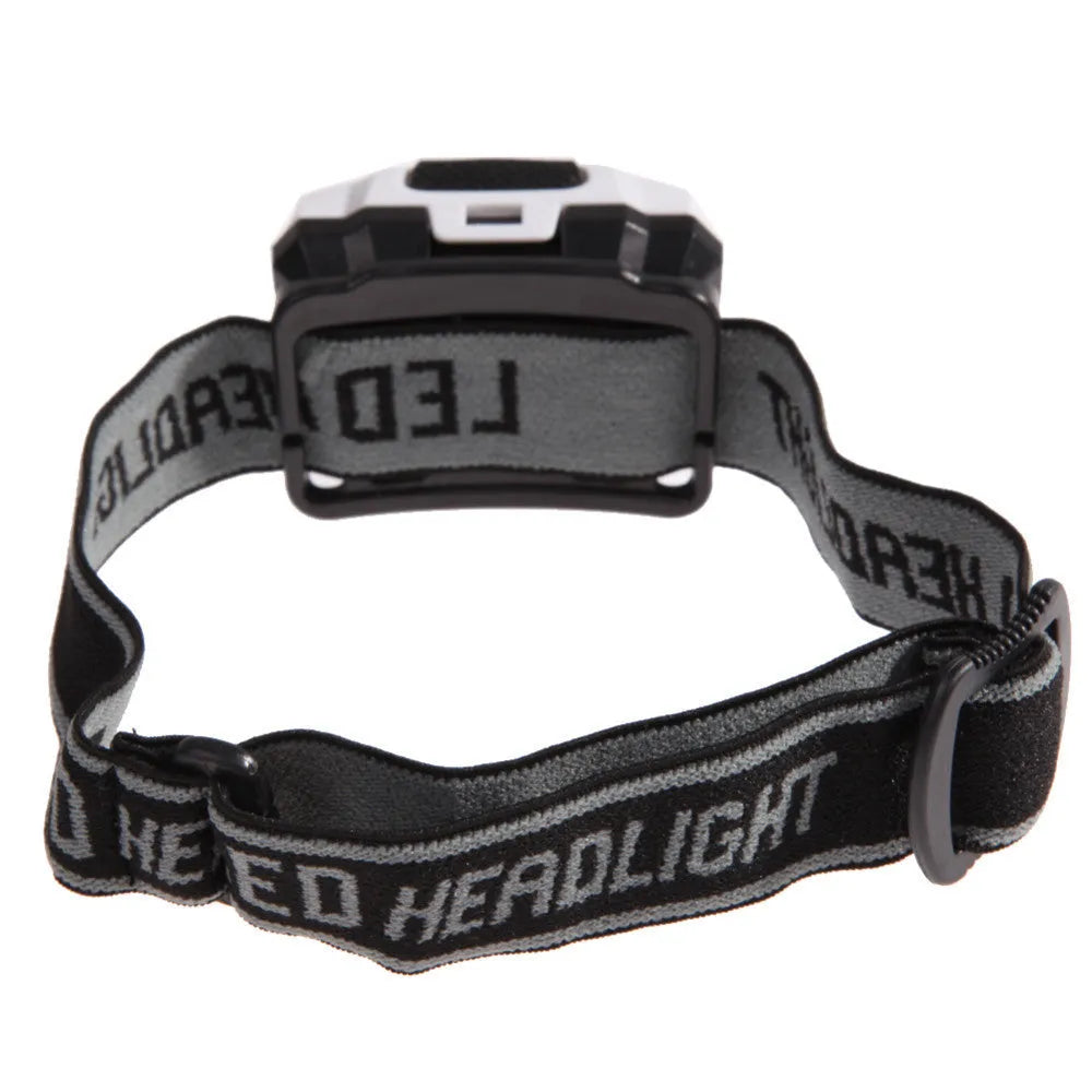 Black head torch with white and red LEDs mounted on adjustable headband for outdoor use