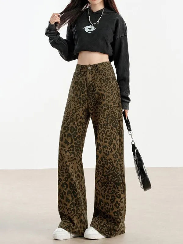 Women's leopard print denim floor-length loose-fit straight pants with wide waist