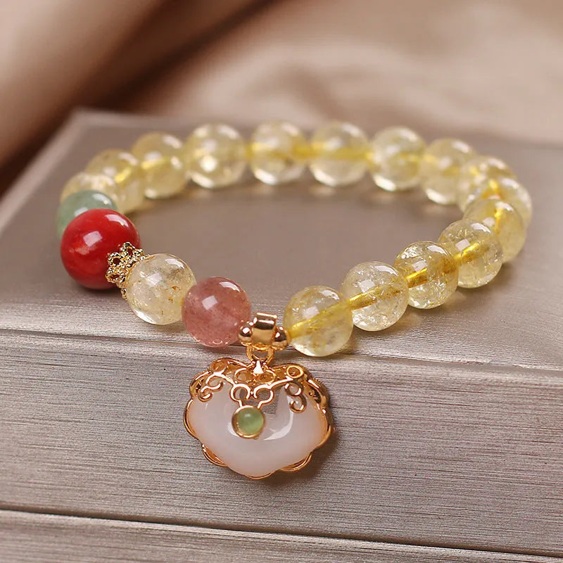 Yellow hair crystal jade ruyi pendant bracelet on alloy chain for women