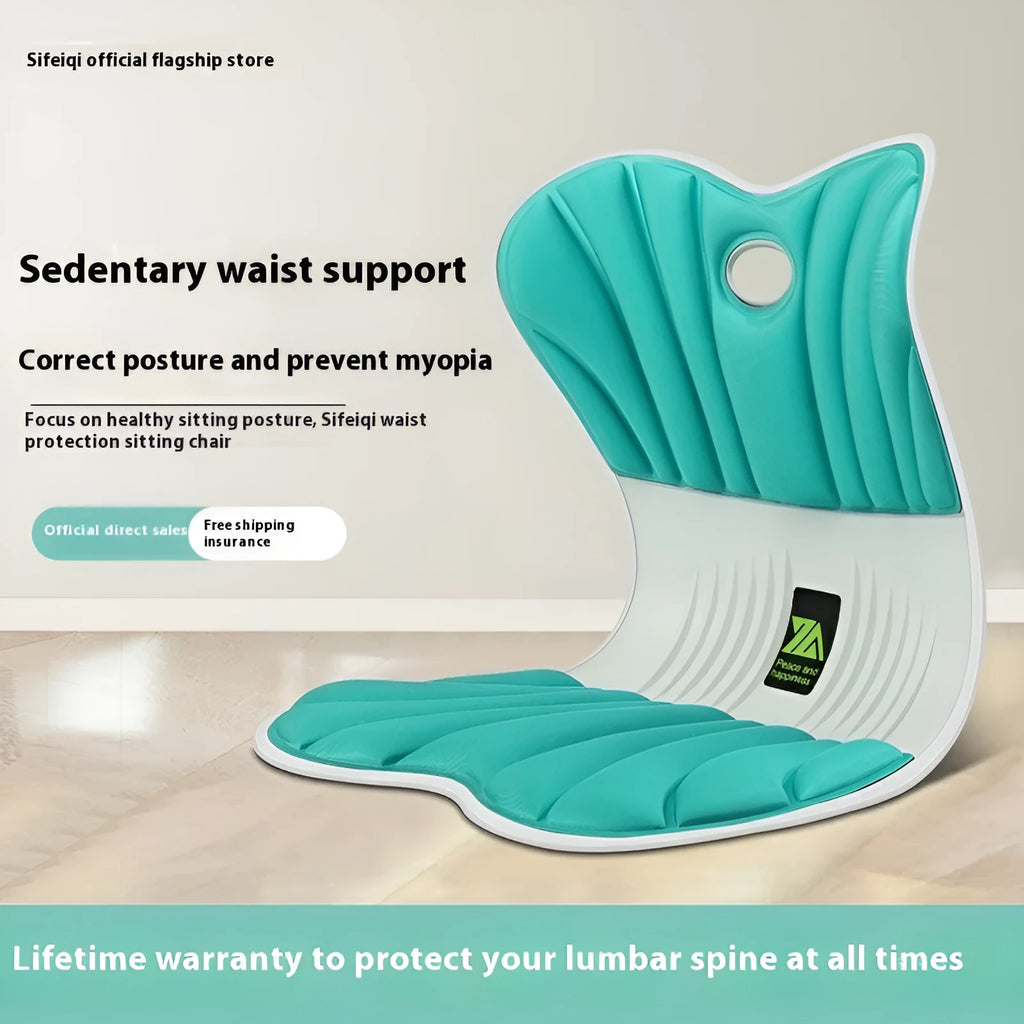 Gray ergonomic office seat cushion with integrated waist support design on wooden chair