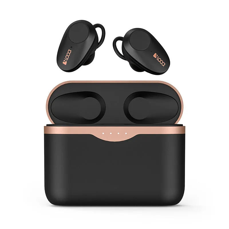 Black wireless Bluetooth headset with twin earpieces and charging case featuring ANC and voice control