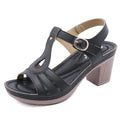 Women's apricot patent leather sandals with a thick high heel and silver metal buckle.