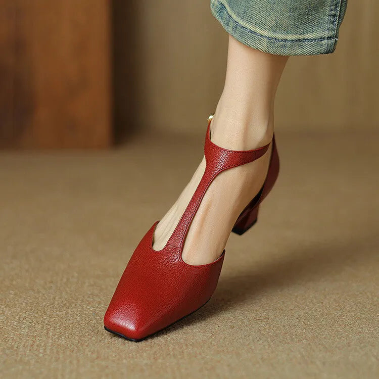 French retro square toe chunky heel wine red sheepskin leather buckle shoes