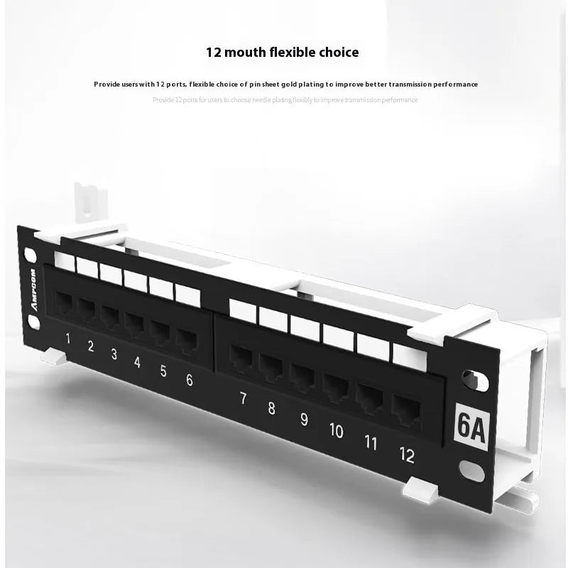 Black 12-port network distribution frame with steel construction for cabinet mounting
