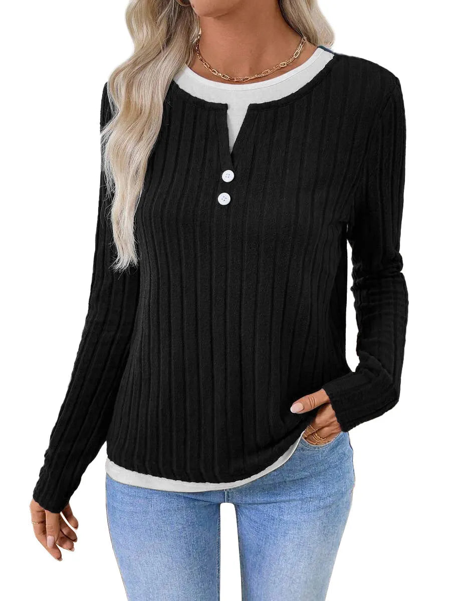 Women's grey fake two-piece striped pullover sweater with round neck and button detail.