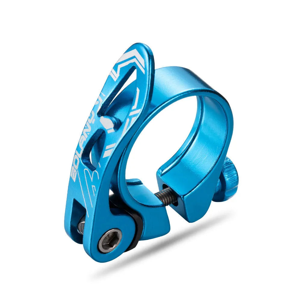 Aluminium bicycle seat tube clamp in black, red, gold, or blue, showing 31.8mm and 34.9mm size options.