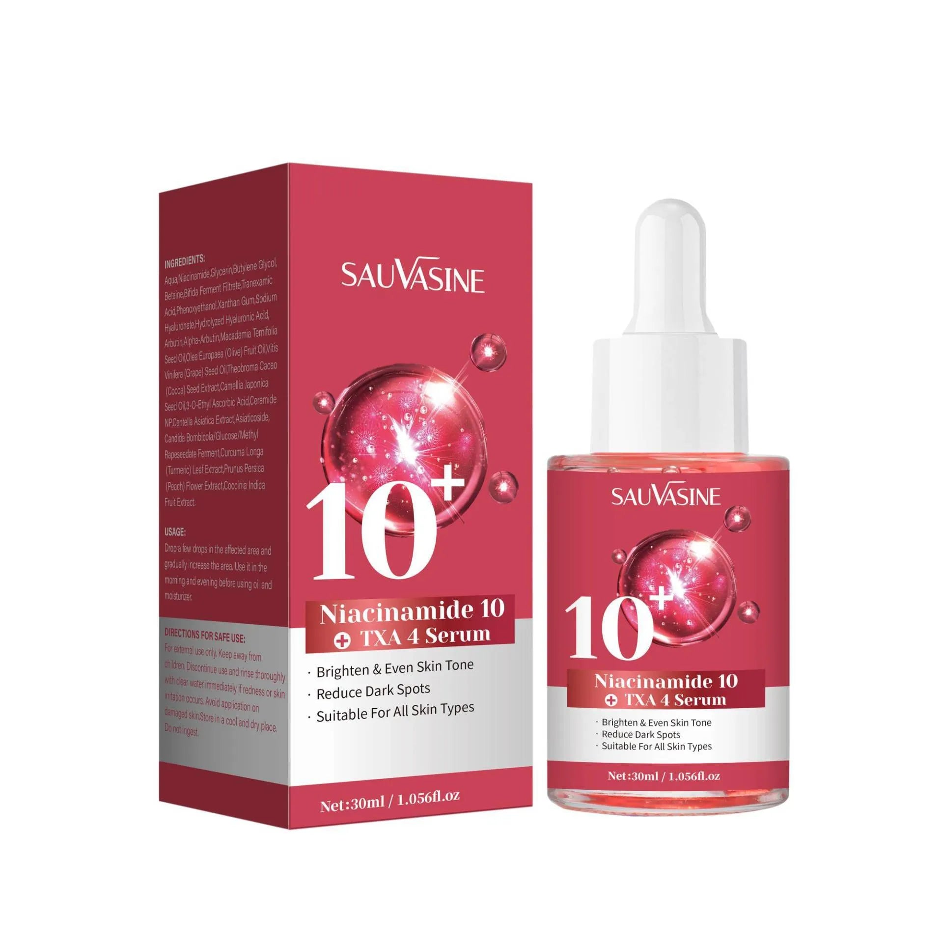 30ml glass bottle of Niacinamide 10% and Tranexamic Acid 4% facial treatment serum with dropper.