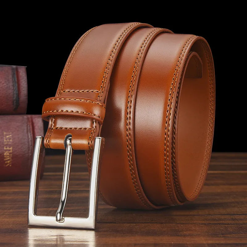 Men's genuine leather belt with alloy pin buckle in black or brown available in multiple lengths