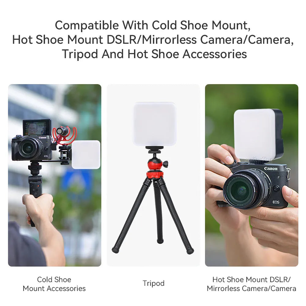 LED mini square universal camera flash on a pocket tripod, showing compact size and rotatable flash head.