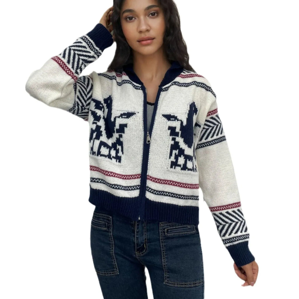 White women's jacquard cardigan with contrast colour stripes and full zip front