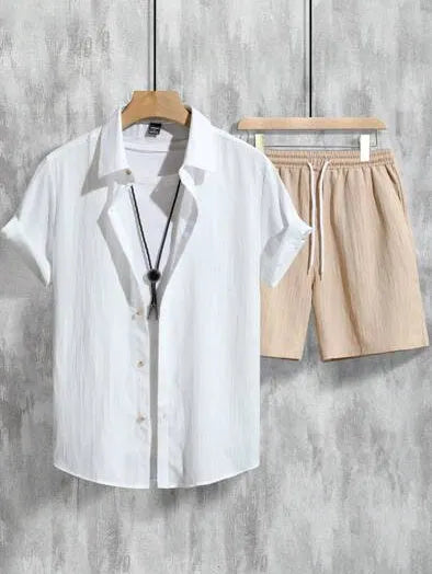 Men's 3D printed Hawaiian shirt and shorts outfit in elastic polyester fabric for summer wear