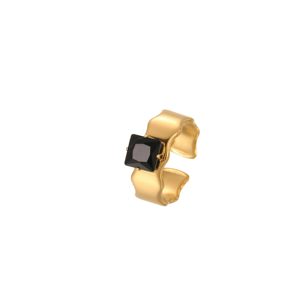 Geometric open mouth women's ring with zircon inlay made from silver-toned electroplated stainless steel.