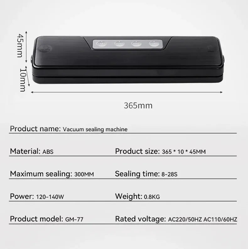 Black compact automatic vacuum sealer machine for household food preservation and item protection