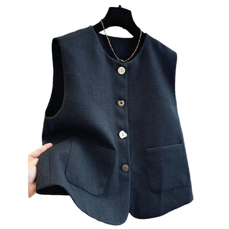 Women's French style round neck bandage vest sleeveless outer wear in polyester fabric