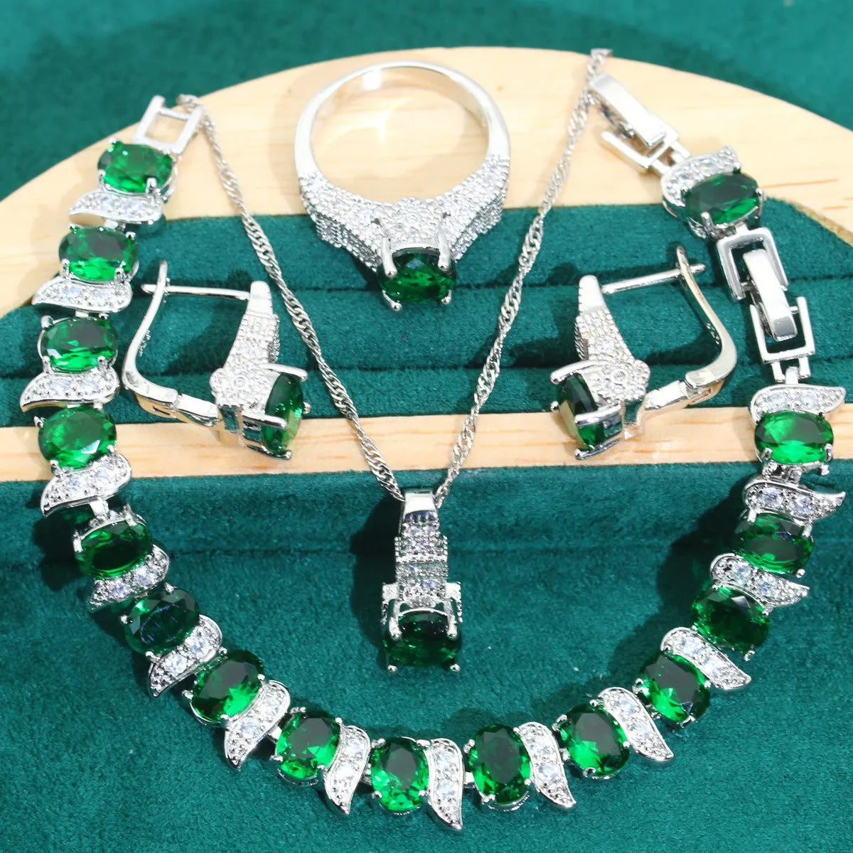 Bridal zircon necklace, earrings, ring, and bracelet four-piece jewellery set in alloy.