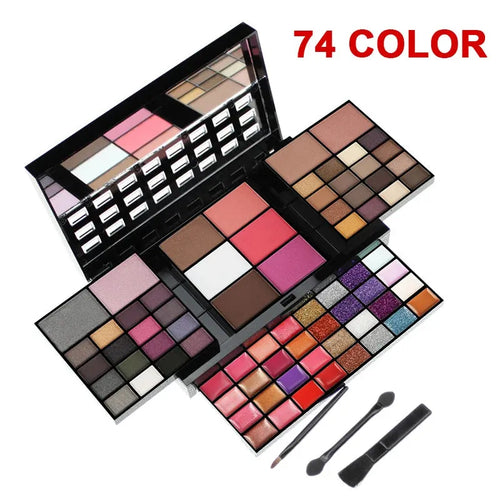 74 colour makeup palette open showing eyeshadows, lip glosses, concealers, blushes, and contour powders with included brushes