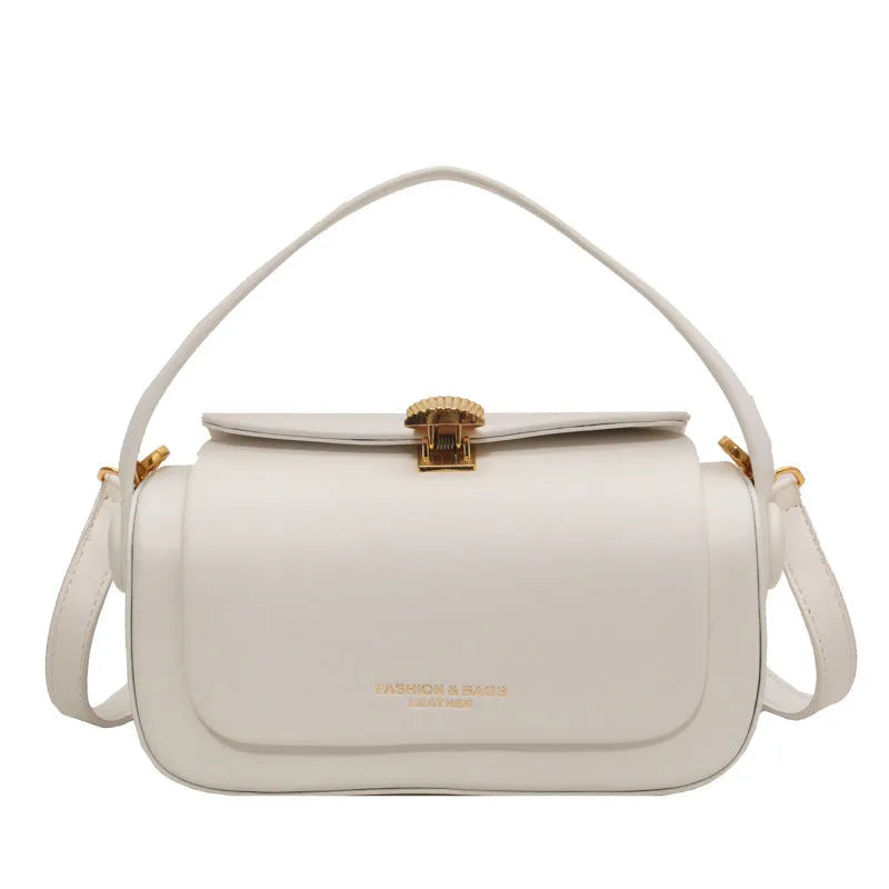Personalised women's shoulder messenger bag in PU leather with letter detailing, shown in beige colour.
