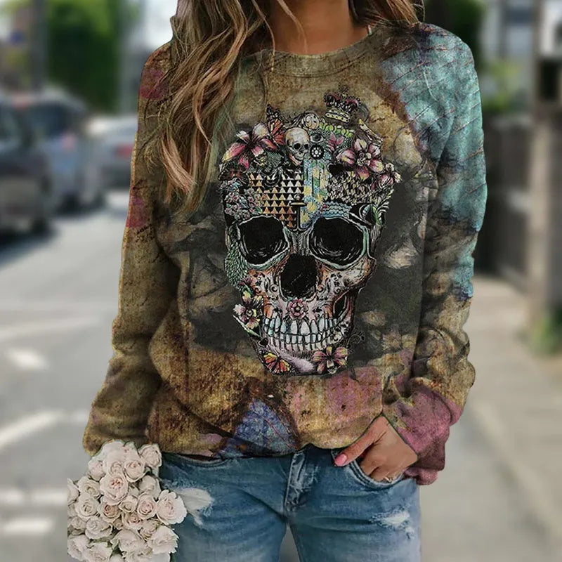 Black long sleeve sweatshirt with skull print graphic, made from polyester knit fabric