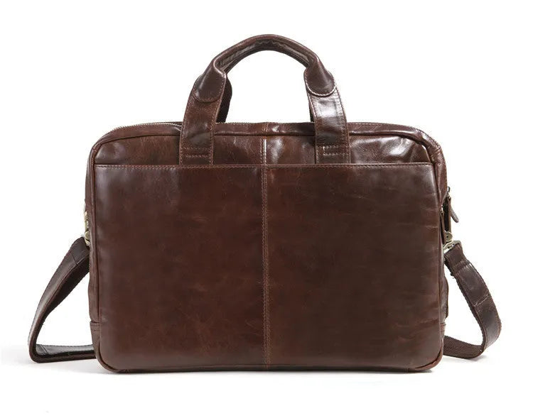Brown leather men's business briefcase with 18 inch capacity and visible cowhide patterning