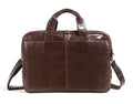 Brown leather men's business briefcase with 18 inch capacity and visible cowhide patterning