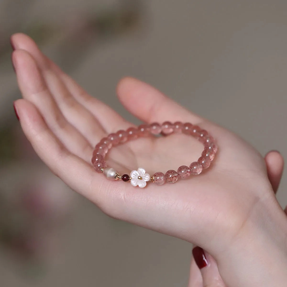 Pink strawberry quartz peach blossom crystal bracelet for women with floral charm design
