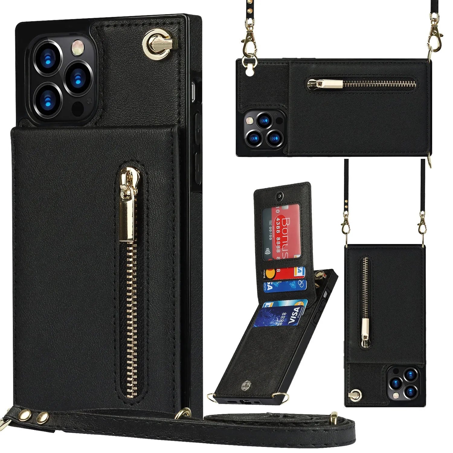 Black genuine leather and TPU protective case for a mobile phone on a table