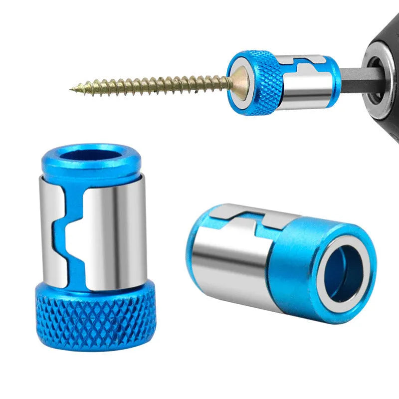 Light blue screwdriver bit with magnetic ring in high carbon steel, showing patterned and smooth ring designs