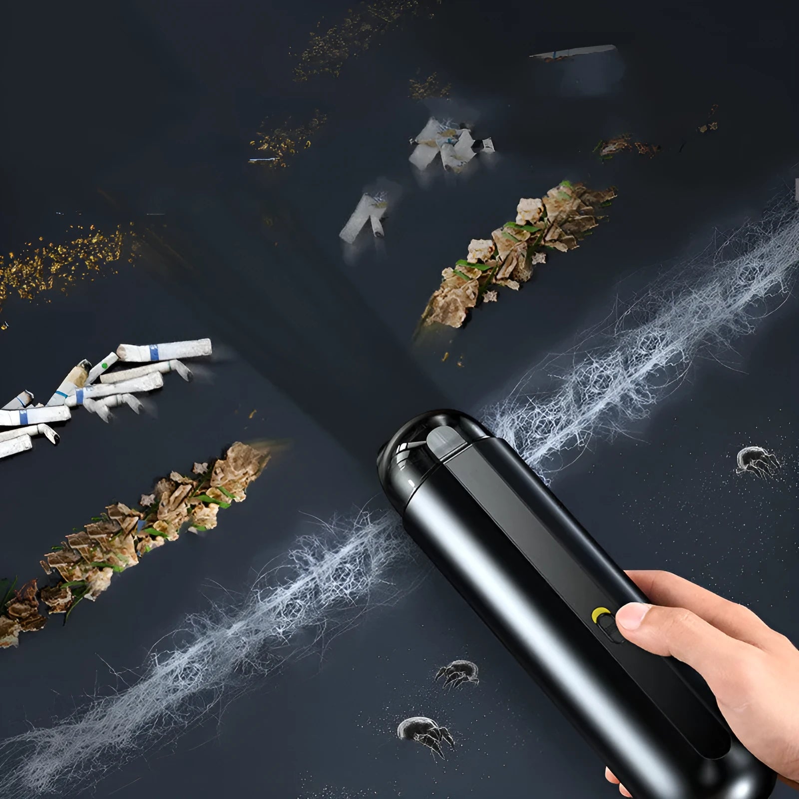 Baseus handheld car vacuum cleaner in black, white, or green, shown with blowing hose attachment.