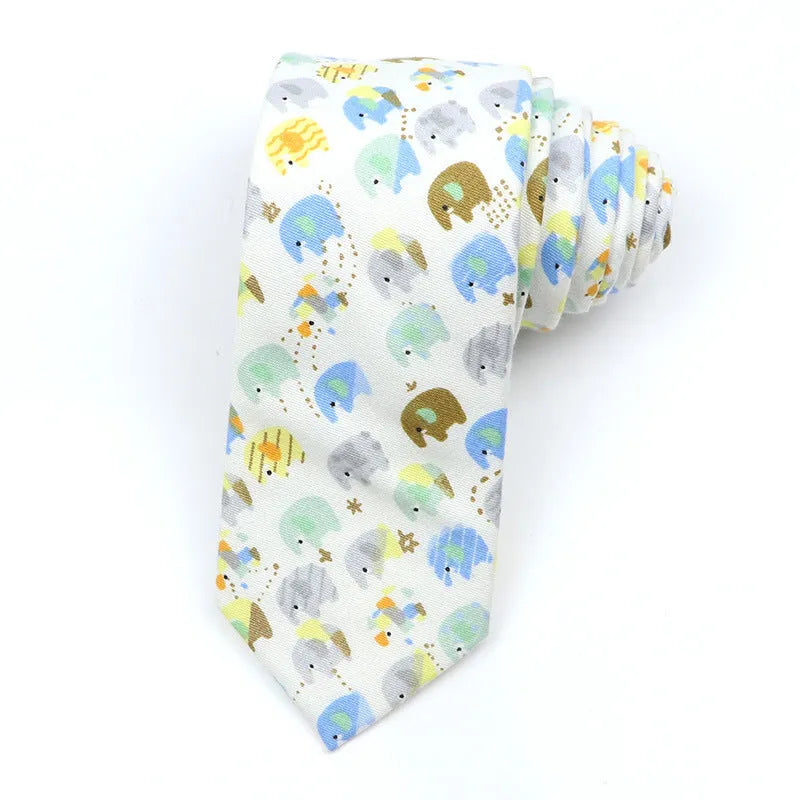 Narrow cotton bow tie with cartoon print pattern in assorted colour codes for men casual wear
