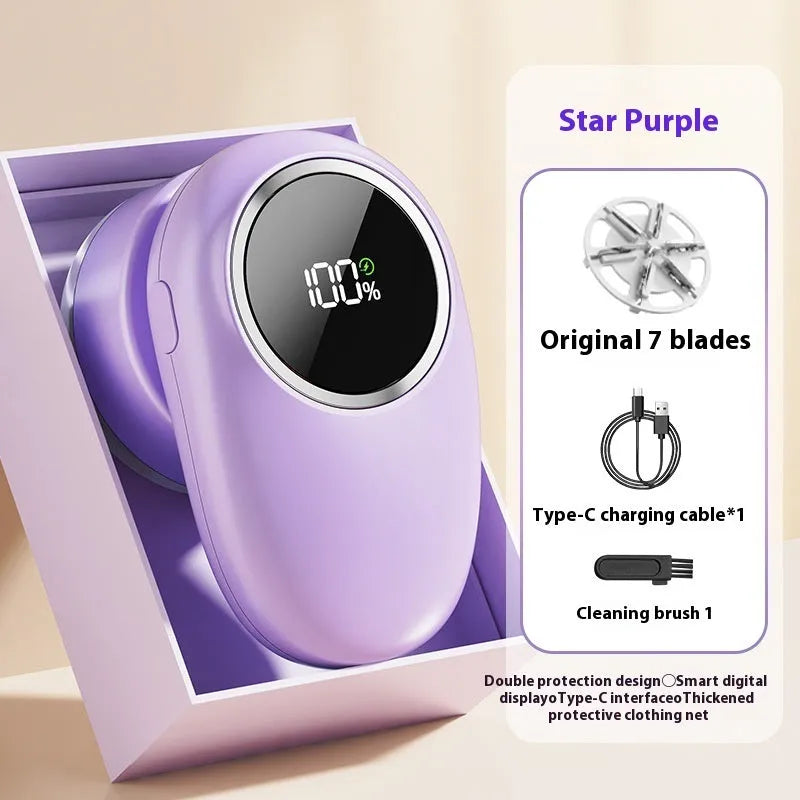 Purple and beige fur ball trimmer with digital display and multiple cutter head options