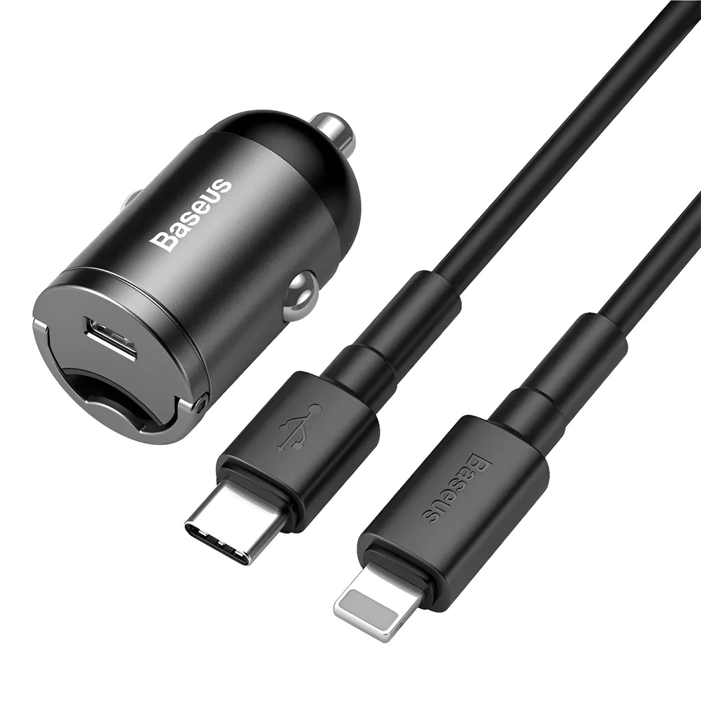 Baseus electro-optical grey 30W PPS fast car charger with 1 metre USB cable