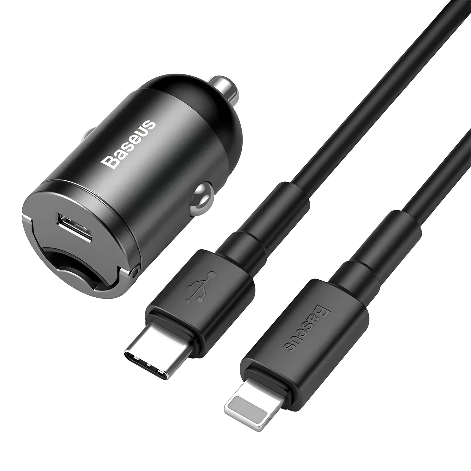 Baseus electro-optical grey 30W PPS fast car charger with 1 metre USB cable