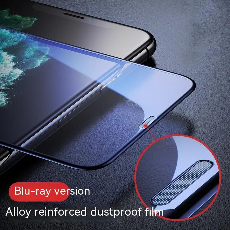 Tempered glass screen protector for iPhone with privacy anti-peeping and blue light filter film options.