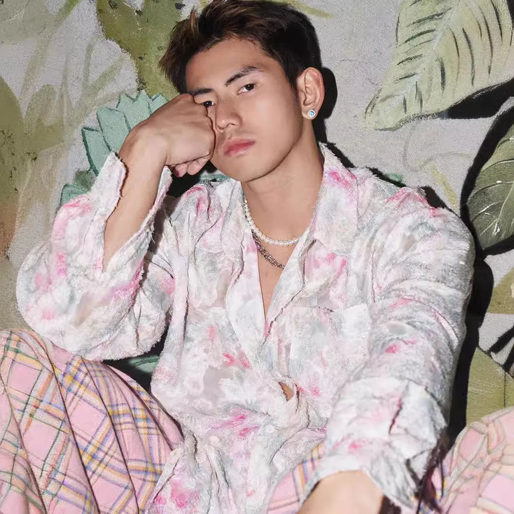 Long sleeve floral shirt with three-dimensional embossed pattern in loose fitting blue version