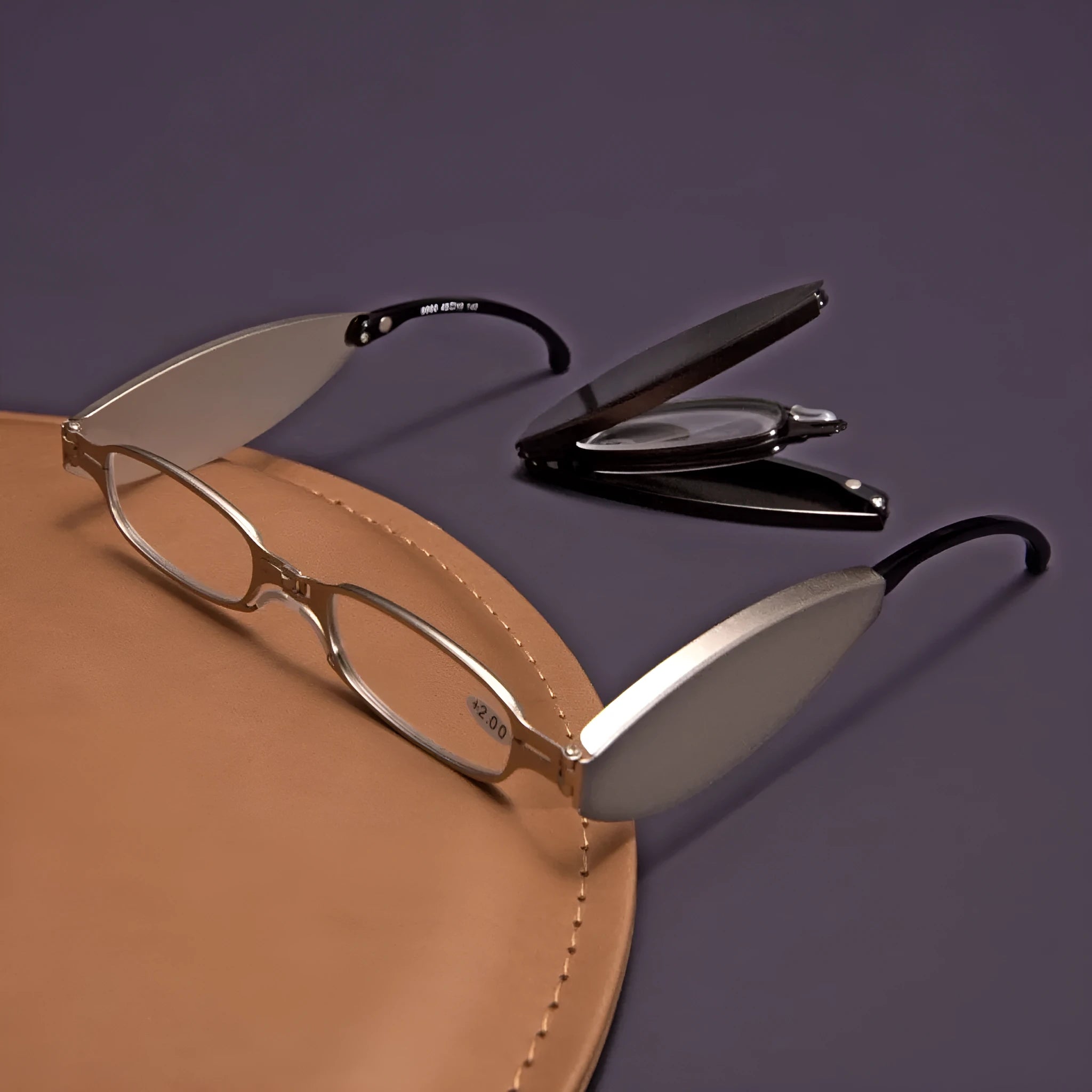 Folding presbyopic reading glasses with retro metal frame shown open and folded in pocket case
